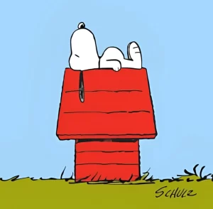 cartoon snoopy on his red dog house